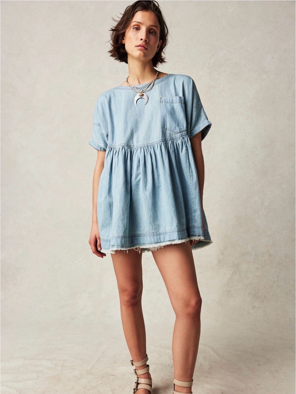 Free People Light Blue Denim Babydoll Mini Dress